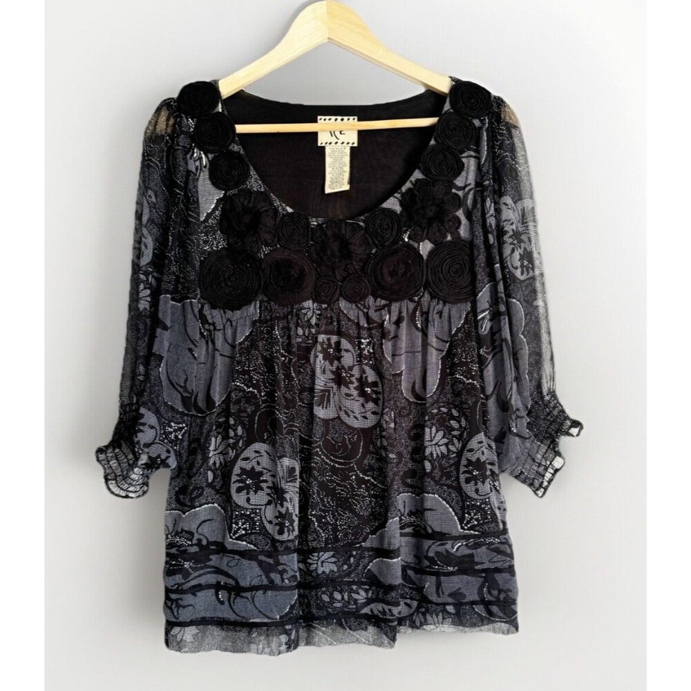 ICE Women Sheer Black Gray Whimsigoth Top Small 3/4 Sleeve Fairy Embroidered